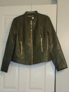 Michael Kors Olive Green Faux Leather Moto Jacket with Gold Zippers